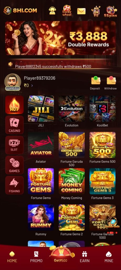 8HI Game mobile application lobby