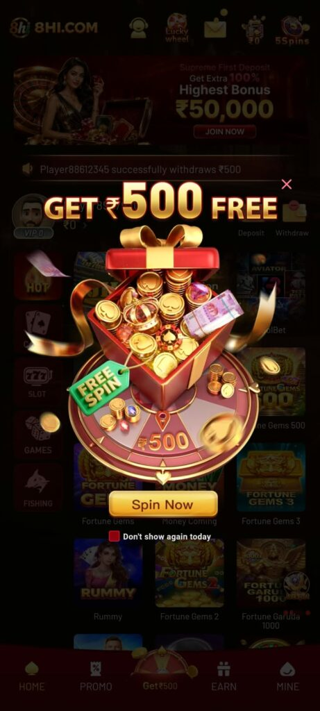 8HI 500 free wheelspin promotion